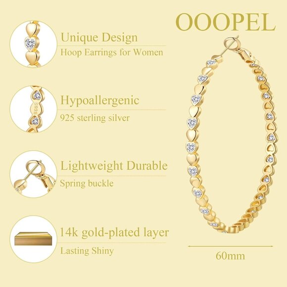 14k Gold Plated 60mm Heart Cubic Zirconia Rhinestone Hoop Earring for Women - Picture 3 of 7